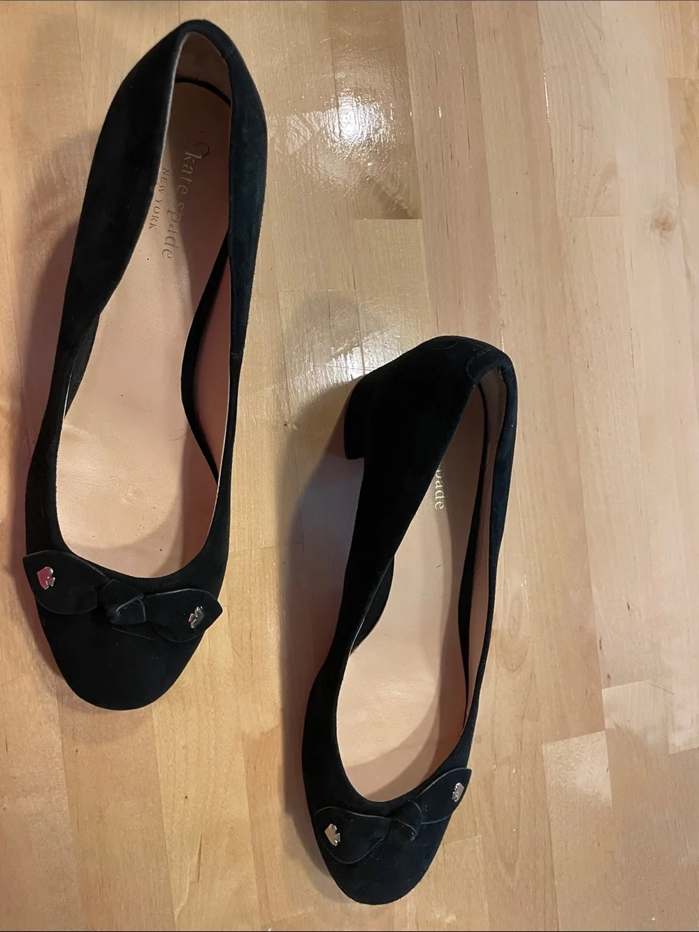 kate spade Black Suede Bow Block Heel Pumps with Accent Hardware